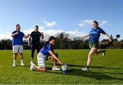 23 February 2022; Amy O'Mahony kicks with Leinster Rugby players Eimear Corri, Ed Byrne and Adam Byrne during the 2022 Bank of Ireland Leinster Rugby School of Excellence launch at UCD in Dublin. Photo by Harry Murphy/Sportsfile
