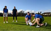 23 February 2022; Jamie Murray sets up a kick with Leinster Rugby players Ed Byrne, Adam Byrne and Eimear Corri during the 2022 Bank of Ireland Leinster Rugby School of Excellence launch at UCD in Dublin. Photo by Harry Murphy/Sportsfile