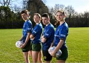 23 February 2022; In attendance at the 2022 Bank of Ireland Leinster Rugby School of Excellence launch are, from right, Eva Sterrit, Sean Wall, Amy O'Mahony and Jamie Murray at UCD in Dublin. Photo by Harry Murphy/Sportsfile