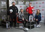 23 February 2022; The EA SPORTS National Underage Leagues 2022 season launch took place today at FAI Headquarters in Abbotstown, Dublin. The new season is set to start on the week ending Sunday, March 6. Pictured are, from left, Craig Sexton, head of academy, Bohemians, Liam Kearney, head of academy, Cork City, Conor O'Grady, head of academy, Sligo Rovers, and Isabelle Connolly, Bray Wanderers under-17 coach. Photo by Seb Daly/Sportsfile