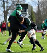24 February 2022; Ryan Baird, right, and James Lowe during Ireland rugby squad training at Carton House in Maynooth, Kildare. Photo by Brendan Moran/Sportsfile