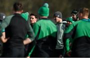 24 February 2022; Ireland outhalves Joey Carbery, left, and Jonathan Sexton during Ireland rugby squad training at Carton House in Maynooth, Kildare. Photo by Brendan Moran/Sportsfile