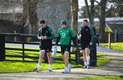 24 February 2022; Ireland players, from left, Joey Carbery, Jordan Larmour and Dave Kilcoyne arrive for squad training at Carton House in Maynooth, Kildare. Photo by Brendan Moran/Sportsfile