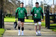 24 February 2022; James Hume, left, and Nick Timoney arrive for Ireland rugby squad training at Carton House in Maynooth, Kildare. Photo by Brendan Moran/Sportsfile