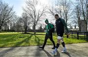 24 February 2022; James Lowe, left, and Kieran Treadwell arrive for Ireland rugby squad training at Carton House in Maynooth, Kildare. Photo by Brendan Moran/Sportsfile