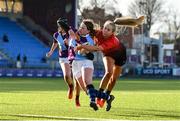 24 February 2022; Robyn O’Connor of South East is tackled by Anna Hiliard of North East during the Bank of Ireland Leinster Rugby Sarah Robinson Cup Round 3 match between South East and North East at Energia Park in Dublin. Photo by Seb Daly/Sportsfile