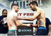 25 February 2022; Kieran Molloy, left, and Damian Esquisabel face-off during the weigh in before their middleweight fight at SEC in Glasgow, Scotland. Photo by Mikey Williams/Top Rank via Sportsfile