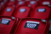 25 February 2022; A detailed view of a seat reserved for a Derry City season ticket holder in The Mark Farren Stand before the SSE Airtricity League Premier Division match between Derry City and Shamrock Rovers at The Ryan McBride Brandywell Stadium in Derry. Photo by Stephen McCarthy/Sportsfile