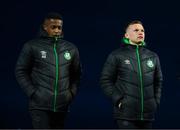 25 February 2022; Andy Lyons, right, and Aidomo Emakhu of Shamrock Rovers before the SSE Airtricity League Premier Division match between Derry City and Shamrock Rovers at The Ryan McBride Brandywell Stadium in Derry. Photo by Stephen McCarthy/Sportsfile