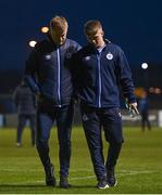 25 February 2022; Shelbourne manager Damien Duff, left, and Kyle O’Connor of Shelbourne before the SSE Airtricity League Premier Division match between Drogheda United and Shelbourne at Head in the Game Park in Drogheda, Louth. Photo by Ramsey Cardy/Sportsfile