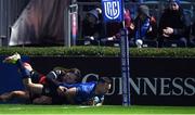 25 February 2022; Dave Kearney of Leinster scores the first try despite the tackle from Burger Odendaal of Emirates Lions during the United Rugby Championship match between Leinster and Emirates Lions at RDS Arena in Dublin. Photo by Matt Browne/Sportsfile
