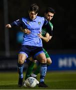 25 February 2022; Colm Whelan of UCD in action against Jóse Carrillo of Finn Harps during the SSE Airtricity League Premier Division match between UCD and Finn Harps at UCD Bowl in Belfield, Dublin. Photo by Piaras Ó Mídheach/Sportsfile