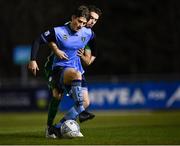 25 February 2022; Colm Whelan of UCD in action against Jóse Carrillo of Finn Harps during the SSE Airtricity League Premier Division match between UCD and Finn Harps at UCD Bowl in Belfield, Dublin. Photo by Piaras Ó Mídheach/Sportsfile