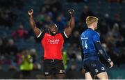 25 February 2022; Sti Sithole of Emirates Lions celebrates his side winning a penalty during the United Rugby Championship match between Leinster and Emirates Lions at the RDS Arena in Dublin. Photo by Seb Daly/Sportsfile