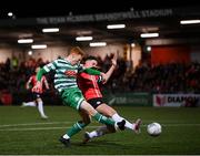 25 February 2022; Rory Gaffney of Shamrock Rovers in action against Eoin Toal of Derry City during the SSE Airtricity League Premier Division match between Derry City and Shamrock Rovers at The Ryan McBride Brandywell Stadium in Derry. Photo by Stephen McCarthy/Sportsfile