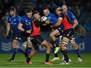 25 February 2022; Dave Kearney of Leinster is tackled by Jordan Hendrikse and PJ Steenkamp of Emirates Lions during the United Rugby Championship match between Leinster and Emirates Lions at RDS Arena in Dublin. Photo by Harry Murphy/Sportsfile