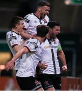 25 February 2022; Patrick Hoban of Dundalk, right, celebrates with teammates, from left, Daniel Kelly, Sam Bone and Andy Boyle after scoring his side's first goal during the SSE Airtricity League Premier Division match between Bohemians and Dundalk at Dalymount Park in Dublin. Photo by Michael P Ryan/Sportsfile