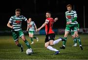 25 February 2022; Daniel Lafferty of Derry City in action against Ronan Finn of Shamrock Rovers during the SSE Airtricity League Premier Division match between Derry City and Shamrock Rovers at The Ryan McBride Brandywell Stadium in Derry. Photo by Stephen McCarthy/Sportsfile