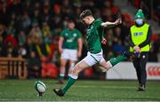 25 February 2022; Charlie Tector of Ireland kicks a penalty during the Guinness U20 Six Nations Rugby Championship match between Ireland and Italy at Musgrave Park in Cork. Photo by Brendan Moran/Sportsfile
