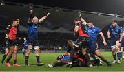25 February 2022; Leinster players Rhys Ruddock, left, and Peter Dooley celebrates their side's third try, scored by teammate Scott Penny, during the United Rugby Championship match between Leinster and Emirates Lions at the RDS Arena in Dublin. Photo by Seb Daly/Sportsfile