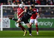 25 February 2022; Greg Bolger of Sligo Rovers in action against Billy King of St Patrick's Athletic during the SSE Airtricity League Premier Division match between St Patrick's Athletic and Sligo Rovers at Richmond Park in Dublin. Photo by Eóin Noonan/Sportsfile
