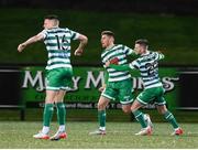 25 February 2022; Dylan Watts of Shamrock Rovers celebrates after scoring his side's first goal with team-mate Jack Byrne, right, during the SSE Airtricity League Premier Division match between Derry City and Shamrock Rovers at The Ryan McBride Brandywell Stadium in Derry. Photo by Stephen McCarthy/Sportsfile