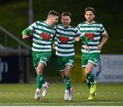 25 February 2022; Dylan Watts of Shamrock Rovers celebrates after scoring his side's first goal with teammate Jack Byrne, centre, during the SSE Airtricity League Premier Division match between Derry City and Shamrock Rovers at The Ryan McBride Brandywell Stadium in Derry. Photo by Stephen McCarthy/Sportsfile
