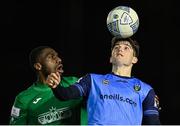 25 February 2022; Colm Whelan of UCD in action against Élie-Gaël N'Zeyi Kibonge of Finn Harps during the SSE Airtricity League Premier Division match between UCD and Finn Harps at UCD Bowl in Belfield, Dublin. Photo by Piaras Ó Mídheach/Sportsfile