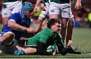 25 February 2022; Lorcan McLoughlin of Ireland celebrates after scoring his side's third try during the Guinness U20 Six Nations Rugby Championship match between Ireland and Italy at Musgrave Park in Cork. Photo by Brendan Moran/Sportsfile