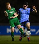 25 February 2022; Liam Kerrigan of UCD in action against Ryan Connolly of Finn Harps during the SSE Airtricity League Premier Division match between UCD and Finn Harps at UCD Bowl in Belfield, Dublin. Photo by Piaras Ó Mídheach/Sportsfile