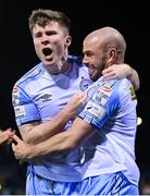 25 February 2022; Conor Kane, left, and Mark Coyle of Shelbourne celebrate after the SSE Airtricity League Premier Division match between Drogheda United and Shelbourne at Head in the Game Park in Drogheda, Louth. Photo by Ramsey Cardy/Sportsfile
