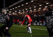 25 February 2022; Jamie McGonigle of Derry City celebrates after scoring his side's second goal during the SSE Airtricity League Premier Division match between Derry City and Shamrock Rovers at The Ryan McBride Brandywell Stadium in Derry. Photo by Stephen McCarthy/Sportsfile