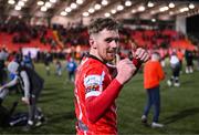 25 February 2022; Jamie McGonigle of Derry City celebrates after the SSE Airtricity League Premier Division match between Derry City and Shamrock Rovers at The Ryan McBride Brandywell Stadium in Derry. Photo by Stephen McCarthy/Sportsfile