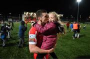 25 February 2022; Patrick McEleney of Derry City celebrates with his daughter Saorlaith after the SSE Airtricity League Premier Division match between Derry City and Shamrock Rovers at The Ryan McBride Brandywell Stadium in Derry. Photo by Stephen McCarthy/Sportsfile
