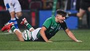 25 February 2022; Chay Mullins of Ireland celebrates after scoring his side's fourth try during the Guinness U20 Six Nations Rugby Championship match between Ireland and Italy at Musgrave Park in Cork. Photo by Brendan Moran/Sportsfile