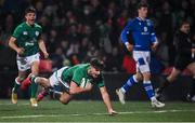 25 February 2022; Chay Mullins of Ireland scores his side's fourth try during the Guinness U20 Six Nations Rugby Championship match between Ireland and Italy at Musgrave Park in Cork. Photo by Brendan Moran/Sportsfile