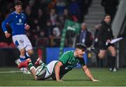 25 February 2022; Chay Mullins of Ireland celebrates after scoring his side's fourth try during the Guinness U20 Six Nations Rugby Championship match between Ireland and Italy at Musgrave Park in Cork. Photo by Brendan Moran/Sportsfile