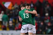 25 February 2022; Jude Postlethwaite and Fionn Gibbons of Ireland, right, celebrate at the final whistle of the Guinness U20 Six Nations Rugby Championship match between Ireland and Italy at Musgrave Park in Cork. Photo by Brendan Moran/Sportsfile