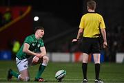 25 February 2022; Charlie Tector of Ireland with referee Aled Evans during the Guinness U20 Six Nations Rugby Championship match between Ireland and Italy at Musgrave Park in Cork. Photo by Brendan Moran/Sportsfile