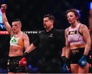 25 February 2022; Sinead Kavanagh, left, is declared victorious over Leah McCourt after their women's featherweight bout at Bellator 275 at the 3Arena in Dublin. Photo by David Fitzgerald/Sportsfile