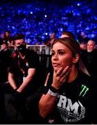25 February 2022; Paige VanZant watches on from the corner of husband Austin Vanderford during his Middleweight world title bout against Gegard Mousasi at Bellator 275 at the 3Arena in Dublin. Photo by David Fitzgerald/Sportsfile