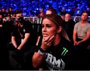 25 February 2022; Paige VanZant watches on from the corner of husband Austin Vanderford during his Middleweight world title bout against Gegard Mousasi at Bellator 275 at the 3Arena in Dublin. Photo by David Fitzgerald/Sportsfile