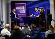 25 February 2022; Leinster senior communications & media manager Marcus Ó Buachalla speaks with Leinster Rugby players Jack Dunne and Sene Naoupu during Seachtain Na Gaeilge at the United Rugby Championship match between Leinster and Emirates Lions at RDS Arena in Dublin. Photo by Harry Murphy/Sportsfile
