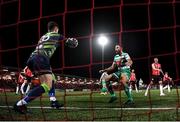 25 February 2022; Derry City goalkeeper Brian Maher prevents the ball from crossing the line during the SSE Airtricity League Premier Division match between Derry City and Shamrock Rovers at The Ryan McBride Brandywell Stadium in Derry. Photo by Stephen McCarthy/Sportsfile