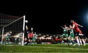25 February 2022; Daniel Lafferty of Derry City has a header on goal during the SSE Airtricity League Premier Division match between Derry City and Shamrock Rovers at The Ryan McBride Brandywell Stadium in Derry. Photo by Stephen McCarthy/Sportsfile