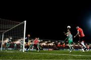 25 February 2022; Daniel Lafferty of Derry City has a header on goal during the SSE Airtricity League Premier Division match between Derry City and Shamrock Rovers at The Ryan McBride Brandywell Stadium in Derry. Photo by Stephen McCarthy/Sportsfile