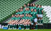 26 February 2022; The Ireland squad, back row, from left, Craig Casey, James Hume, James Lowe, Mack Hansen, Rob Herring, Jamison Gibson Park and Michael Lowry, middle row, from left, Andrew Porter, Caelan Doris, Dan Sheehan, Kieran Treadwell, Ryan Baird, Tadhg Beirne, Finlay Bealham and Dave Kilcoyne, and fornt row, from left, Garry Ringrose, Robbie Henshaw, Tadhg Furlong, Jonathan Sexton, IRFU president Des Kavanagh, captain Peter O'Mahony, Jack Conan, Josh van der Flier and Joey Carbery pose for a team photo before the Ireland captain's run at Aviva Stadium in Dublin. Photo by Brendan Moran/Sportsfile