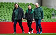 26 February 2022; IRFU performance director David Nucifora, left, mental skills coach Gary Keegan and team manager Michael Kearney, right, during the Ireland captain's run at Aviva Stadium in Dublin. Photo by Brendan Moran/Sportsfile