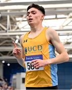 26 February 2022; Darragh McElhinney of UCD AC, Dublin, celebrates winning the senior men's 3000m A final during day one of the Irish Life Health National Senior Indoor Athletics Championships at the National Indoor Arena at the Sport Ireland Campus in Dublin. Photo by Sam Barnes/Sportsfile
