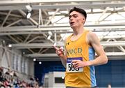 26 February 2022; Darragh McElhinney of UCD AC, Dublin, celebrates winning the senior men's 3000m A final during day one of the Irish Life Health National Senior Indoor Athletics Championships at the National Indoor Arena at the Sport Ireland Campus in Dublin. Photo by Sam Barnes/Sportsfile